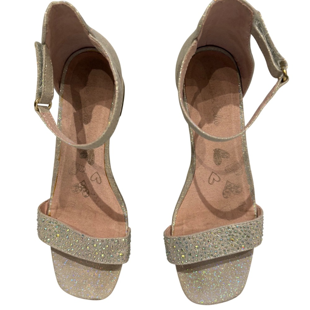 Wonder Nation Block Heel Sandal Girls Size 3 Champagne Glitter Rhinestone Dressy